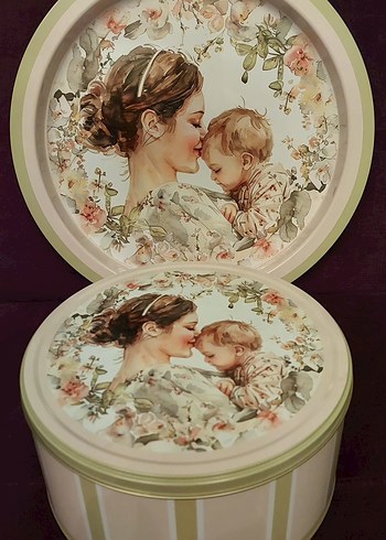 Anne ve Bebek Temalı Dekoratif Metal Kutu 24x11 cm tepsi 39 cm. - Görsel 8