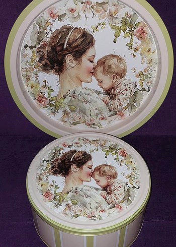 Anne ve Bebek Temalı Dekoratif Metal Kutu 24x11 cm tepsi 39 cm. - Görsel 5