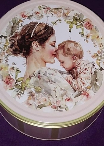 Anne ve Bebek Temalı Dekoratif Metal Kutu 24x11 cm tepsi 39 cm. - Görsel 4