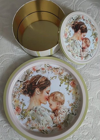 Anne ve Bebek Temalı Dekoratif Metal Kutu 24x11 cm tepsi 39 cm. - Görsel 9