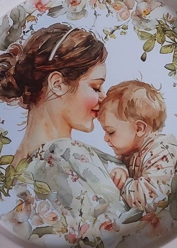 Anne ve Bebek Temalı Dekoratif Metal Kutu 24x11 cm tepsi 39 cm. - Görsel 3