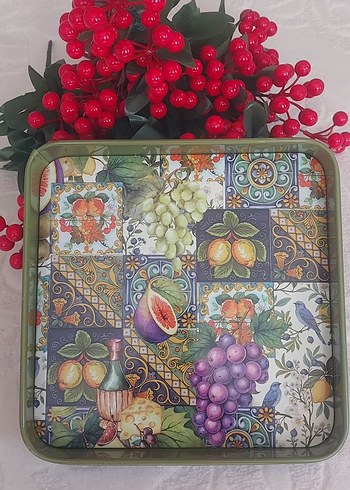 Bohem Çok Renkli 24 cm.ebatında Meyve Desenli Metal tepsi - Görsel 2