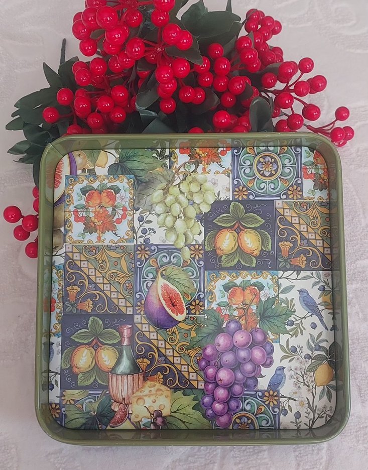 Bohem Çok Renkli 24 cm.ebatında Meyve Desenli Metal tepsi - Görsel 2