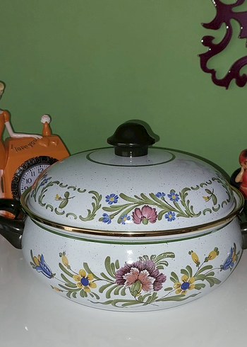 Çiçek Desenli Beyaz Emaye Tencere Vintage Yurt Dışı ürünü - Görsel 3