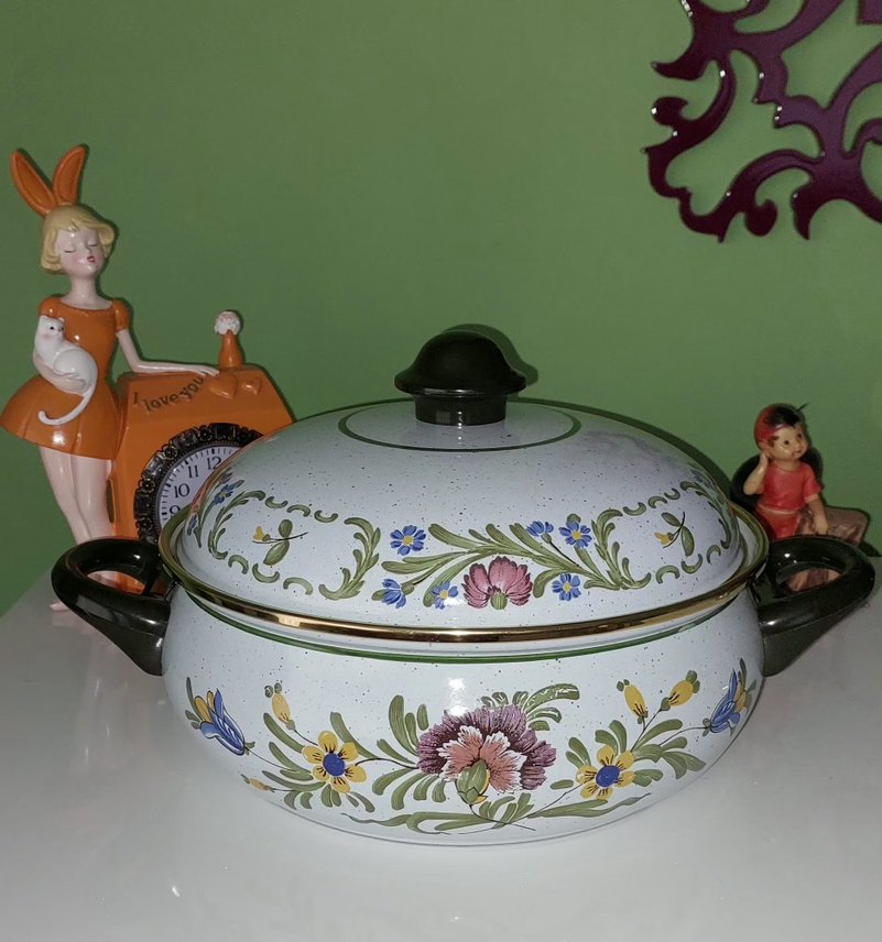 Çiçek Desenli Beyaz Emaye Tencere Vintage Yurt Dışı ürünü - Görsel 3
