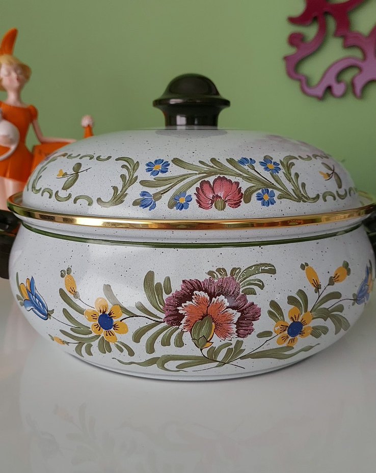Çiçek Desenli Beyaz Emaye Tencere Vintage Yurt Dışı ürünü - Görsel 2