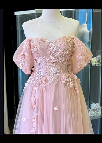 Abiye Pembe Straplez Dantel Çiçekli Uzun Abiye