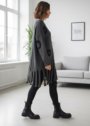 Antrasit renkli, owersize örme kazak - Görsel 2