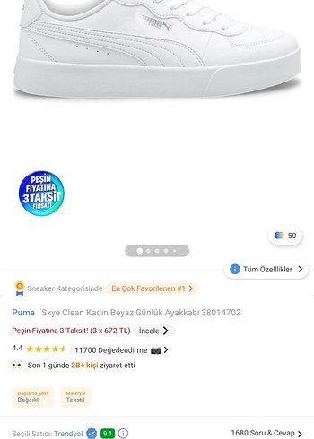 Puma Skye Clean Beyaz Kadın Günlük Spor Ayakkabı
