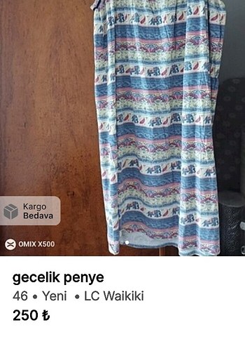 46 Beden LC Waikiki Mavi Desenli Penye Gecelik