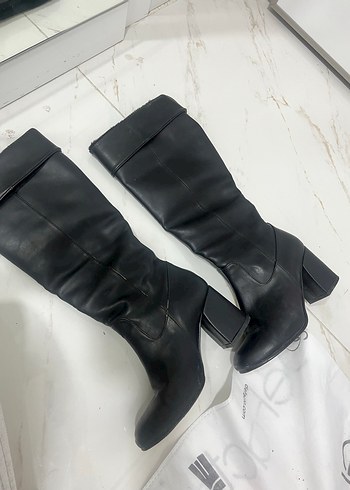 Siyah Kadın Deri Dizüstü Botlar Tokalı