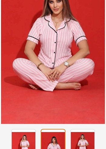 Pembe Çizgili Kısa Kollu Kadın Pijama Takımı