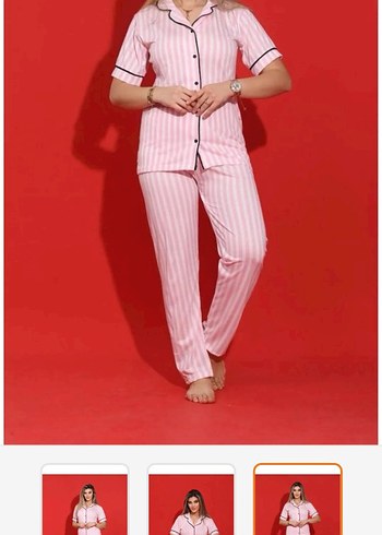 Diğer Pembe Çizgili Kısa Kollu Kadın Pijama Takımı