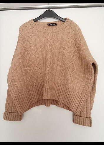 Örgülü crop kazak camel rengi