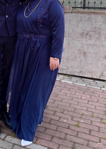 Diğer Lacivert Drapeli Uzun Kadın Abiye Elbise