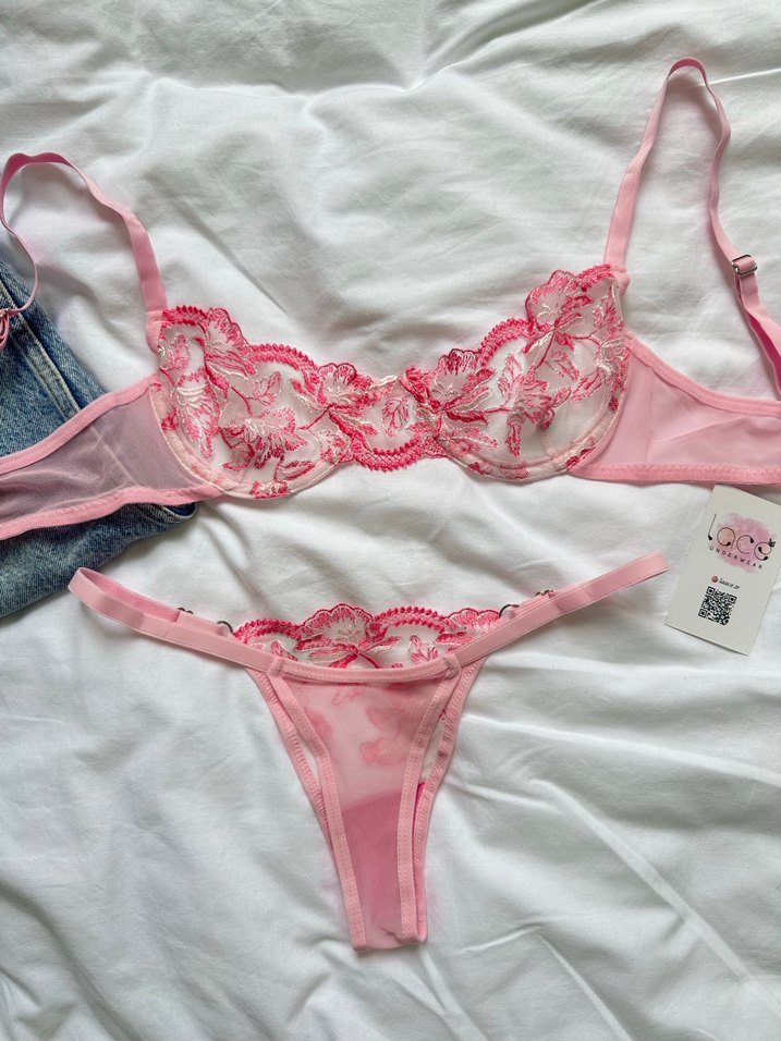 Pembe İşlemeli Mini Sütyen Takımı - Görsel 3