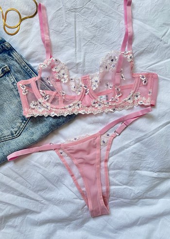 Nakışlı Pembe Midi Sütyen Takımı - Görsel 2