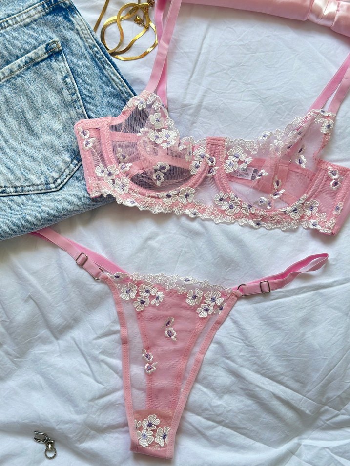 Nakışlı Pembe Midi Sütyen Takımı - Görsel 3