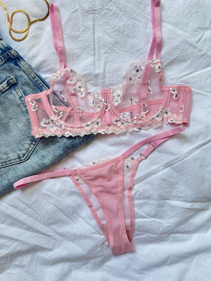 Nakışlı Pembe Midi Sütyen Takımı - Görsel 2