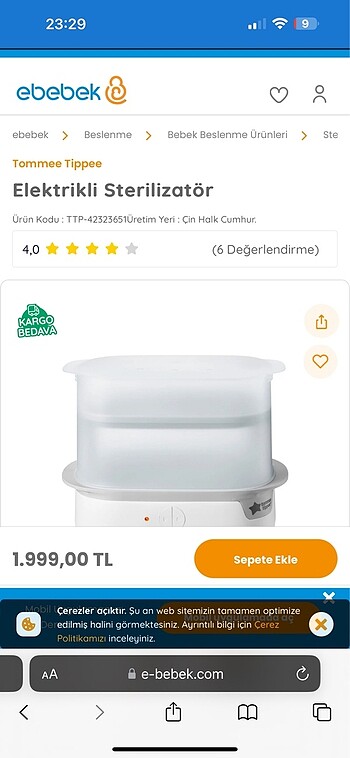Tommee marka sterilize cihazı