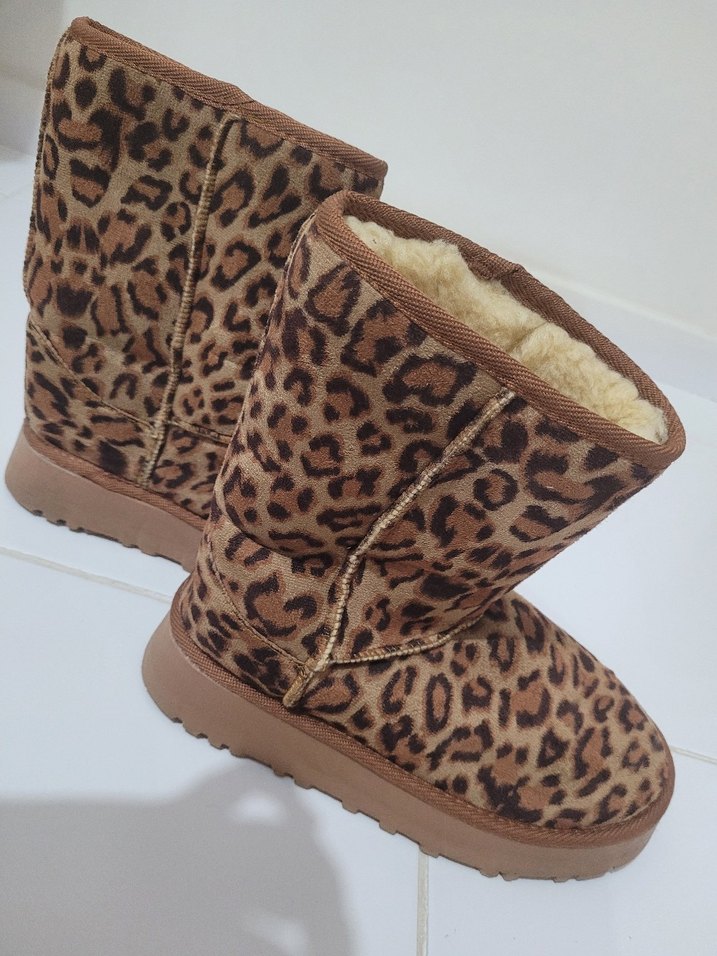 Kürklü Leopar Desenli Kadın Süet Bot - Görsel 2