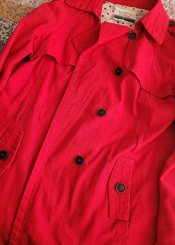 Kadın Kırmızı Düğmeli Midi Trençkot - Görsel 6
