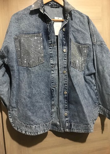 Gri Düğmeli Kadın Jean Ceket - Görsel 4