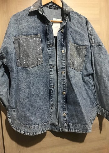 Gri Düğmeli Kadın Jean Ceket - Görsel 5