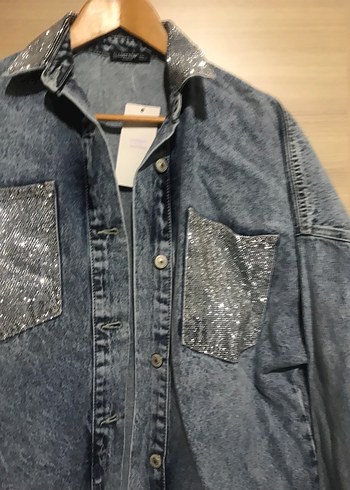 Gri Düğmeli Kadın Jean Ceket - Görsel 2