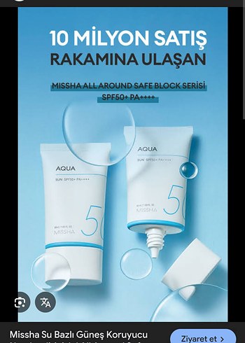 Missha Aqua Güneş Kremi SPF50+ PA++++ temizleme yağı hediyeli