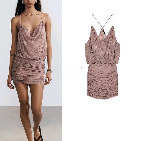 Zara boncuklu ve pullu mini elbise