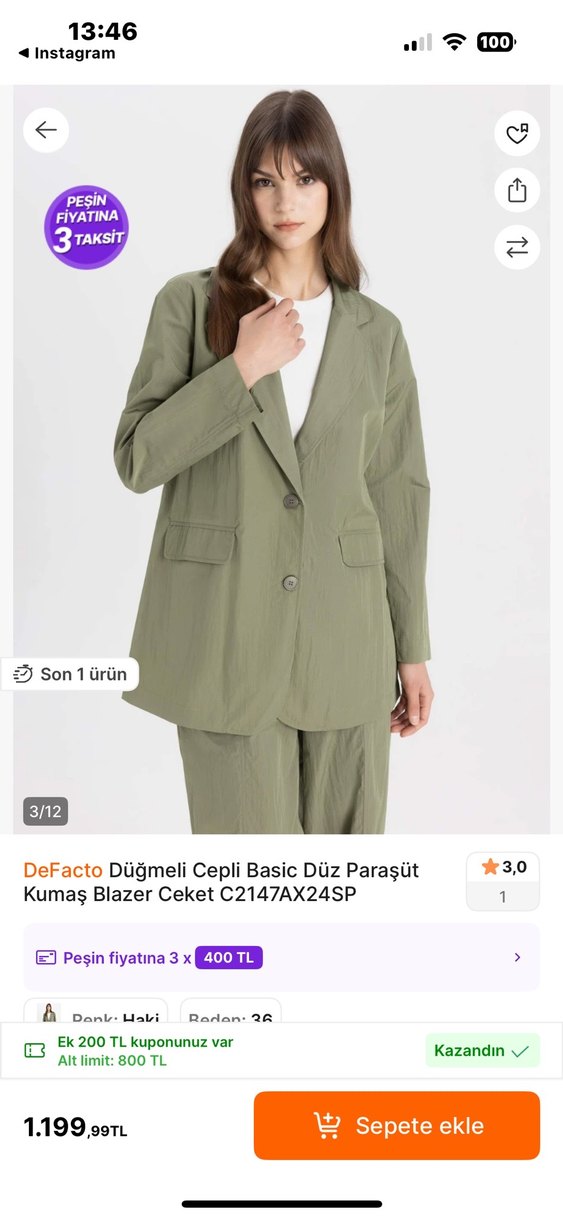 DeFacto Düğmeli Cepli Basic Blazer Ceket - Görsel 2