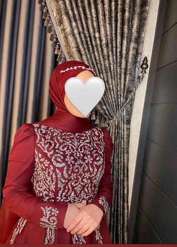 Bordo Uzun Kollu Etnik Desenli Tesettür Elbise
