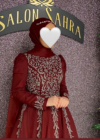 Abiye Bordo Uzun Kollu Etnik Desenli Tesettür Elbise