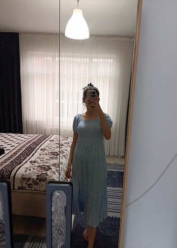 Mavi Bağlama Desenli Bohem Midi Elbise - Görsel 3