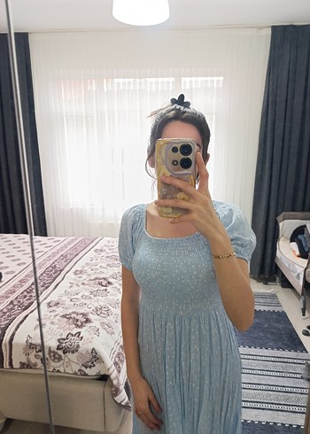 Mavi Bağlama Desenli Bohem Midi Elbise - Görsel 2