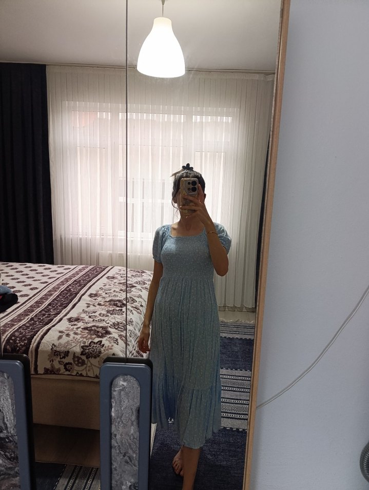 Mavi Bağlama Desenli Bohem Midi Elbise - Görsel 3