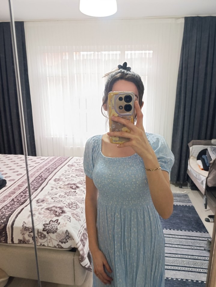 Mavi Bağlama Desenli Bohem Midi Elbise - Görsel 2