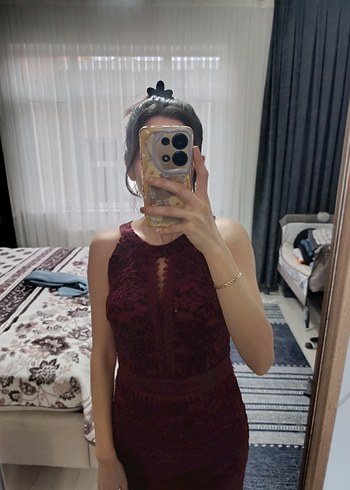 Bordo Dantel Detaylı Midi Abiye Elbise - Görsel 2