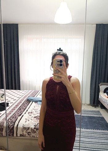 Bordo Dantel Detaylı Midi Abiye Elbise - Görsel 3