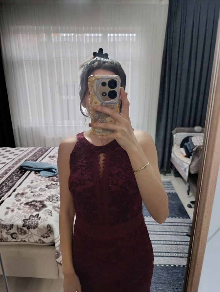 Bordo Dantel Detaylı Midi Abiye Elbise - Görsel 2