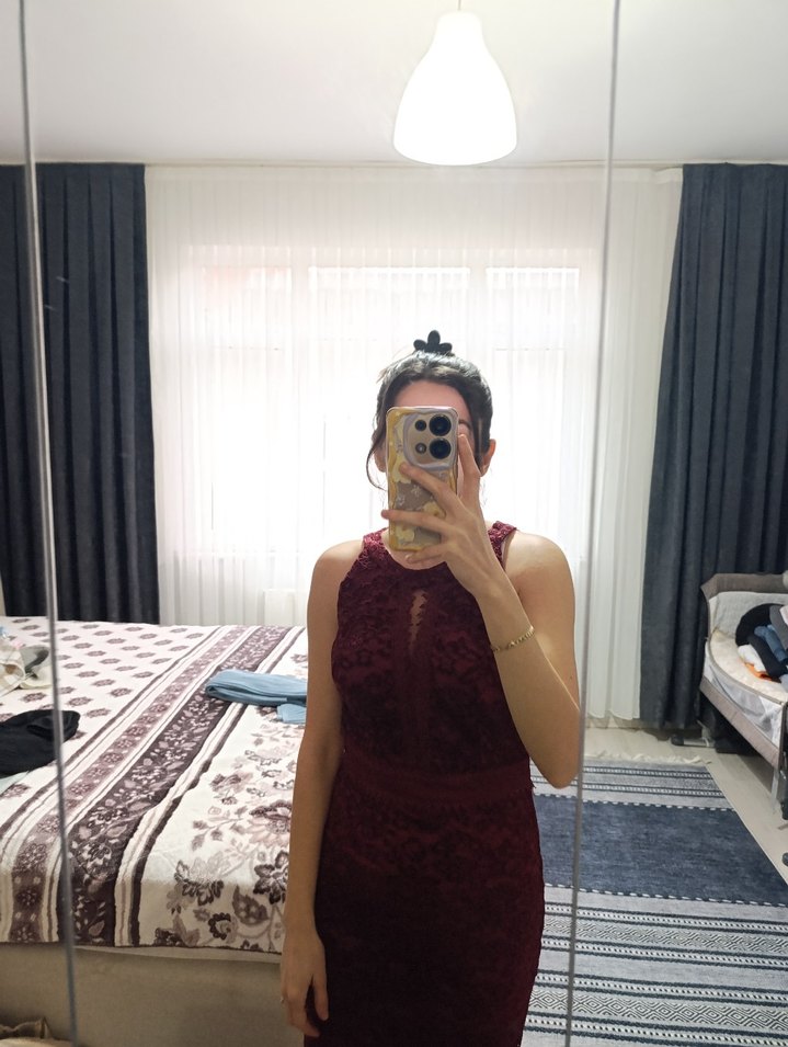 Bordo Dantel Detaylı Midi Abiye Elbise - Görsel 3