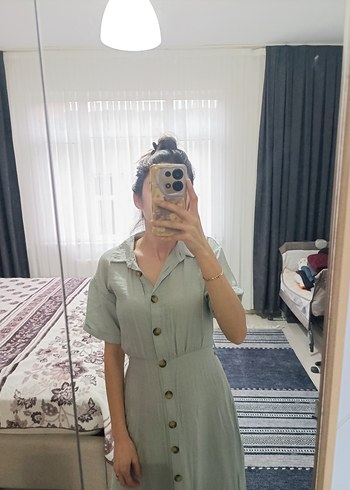 Düğmeli V Yaka Keten Midi Elbise - Görsel 3