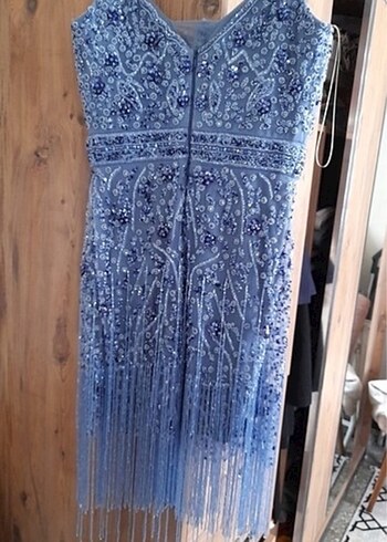 Boncuk İşlemeli Lacivert Uzun Abiye Elbise - Görsel 2