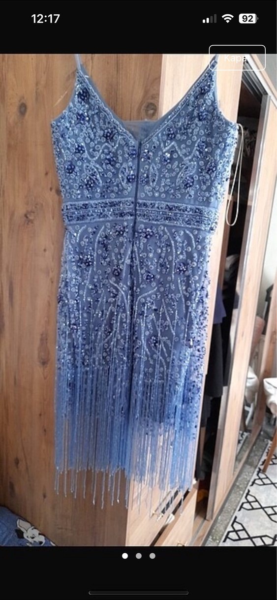 Boncuk İşlemeli Lacivert Uzun Abiye Elbise - Görsel 2