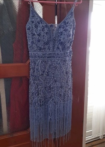 Püsküllü İşlemeli Mavi Uzun Abiye Elbise - Görsel 2