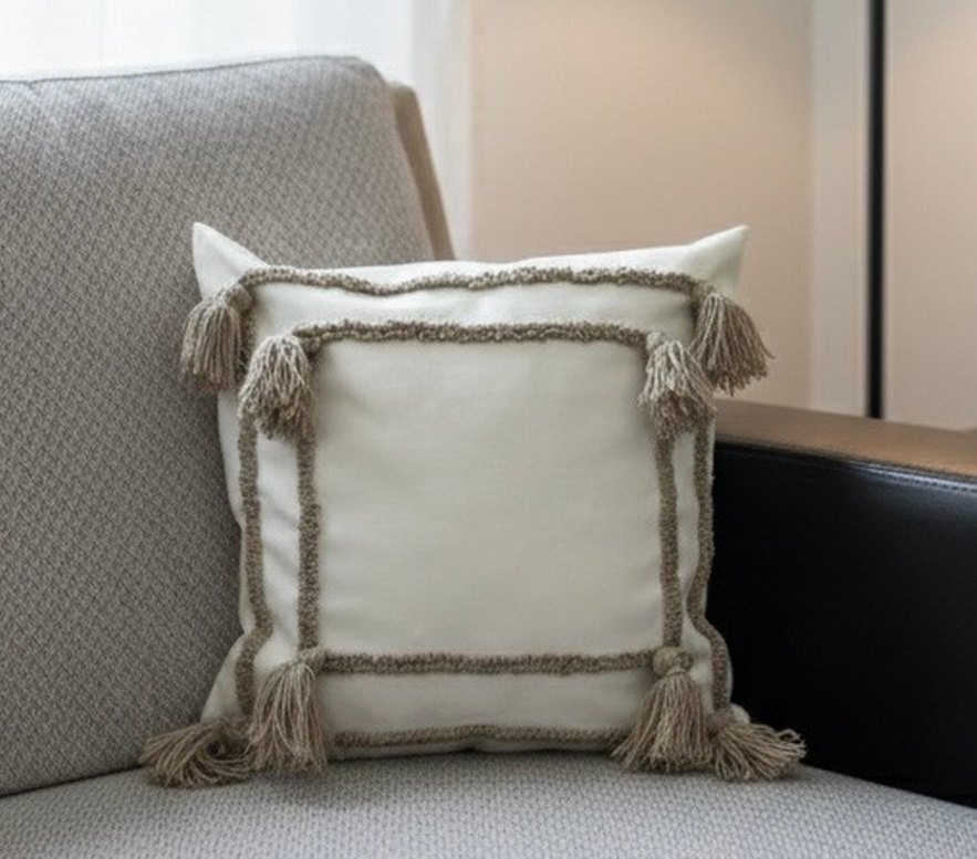 Bohem Nakışlı Bej Püsküllü Kırlent - Görsel 2