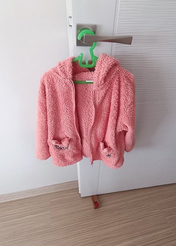 Kız Çocuk Pembe Kapüşonlu Peluş Ceket - Görsel 2