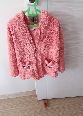 Kız Çocuk Pembe Kapüşonlu Peluş Ceket - Görsel 3