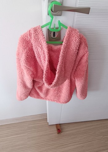 Kız Çocuk Pembe Kapüşonlu Peluş Ceket - Görsel 7
